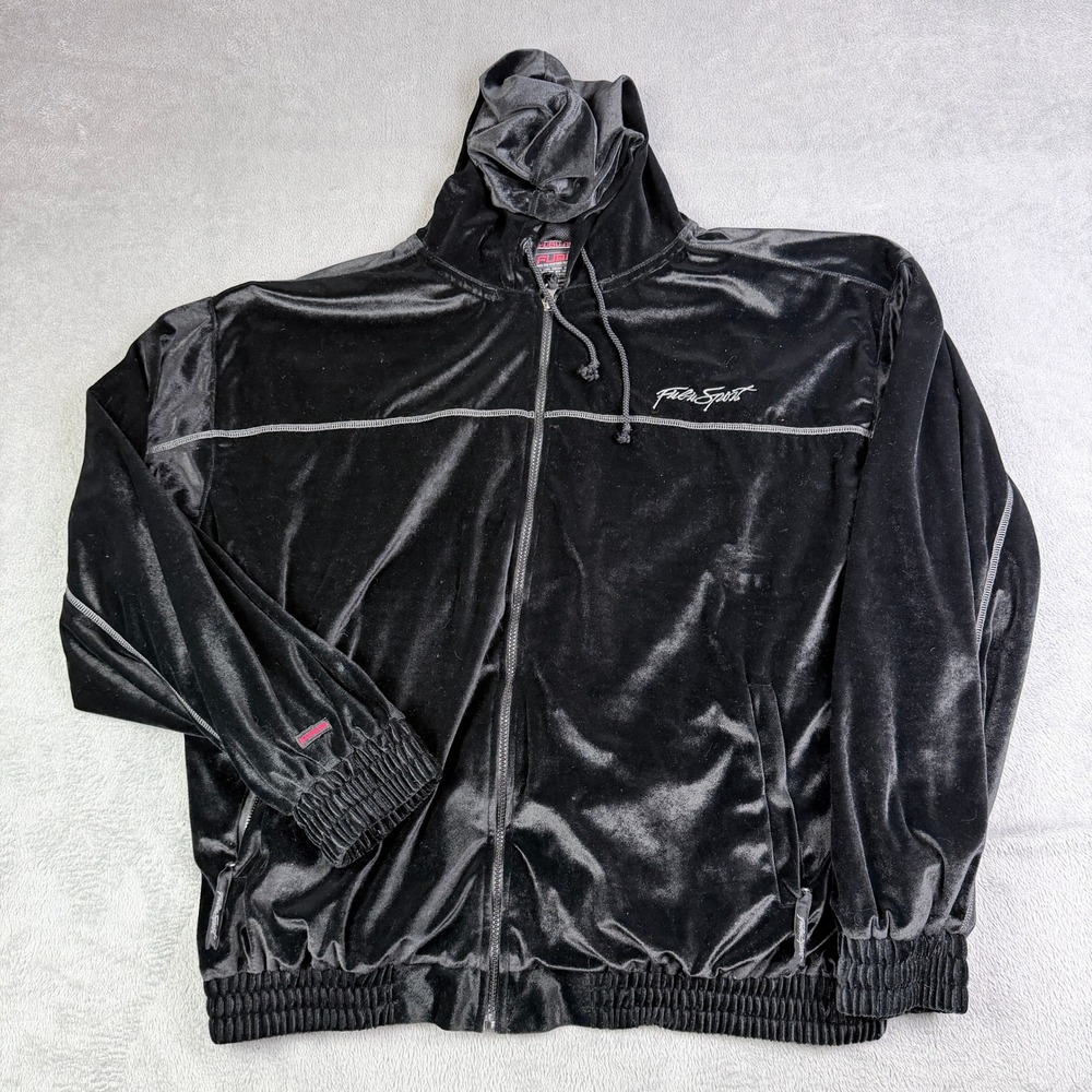 FUBU Sport Men XL Black Velour Full Zip Track Jacket Hoodie Vintage Style Piping